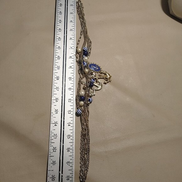 Large Gold Tone Nautical Paperclip Blue White Necklace Anchors Pearls Blue Beads - Picture 9 of 10